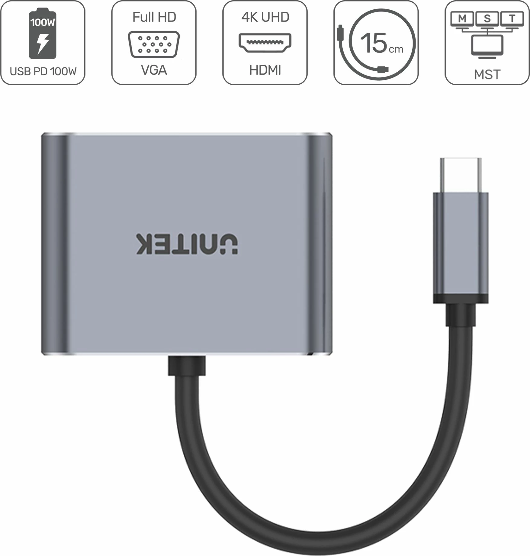 Hub USB-C Unitek Q4 Lite D1049A, HDMI 4K@60Hz, VGA, USB-A, USB-C PD 100W, argjend