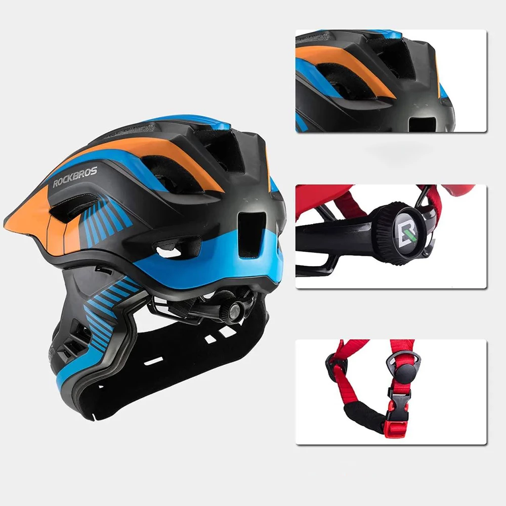 helmetë biçiklete fëmijësh Rockbros TT-32SOBL-S, full-face me mjekër të heqshme, rregullim 360°, S (48-54 cm), e zezë dhe portokalli