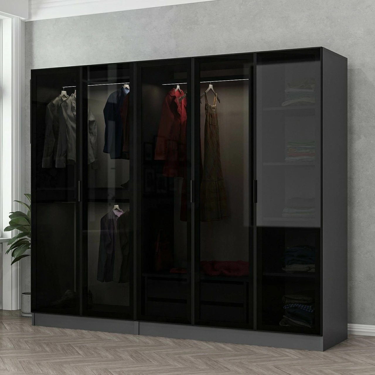Dollap Skye Decor, anthracite e zi, 225x210x52cm, 7 pjesë