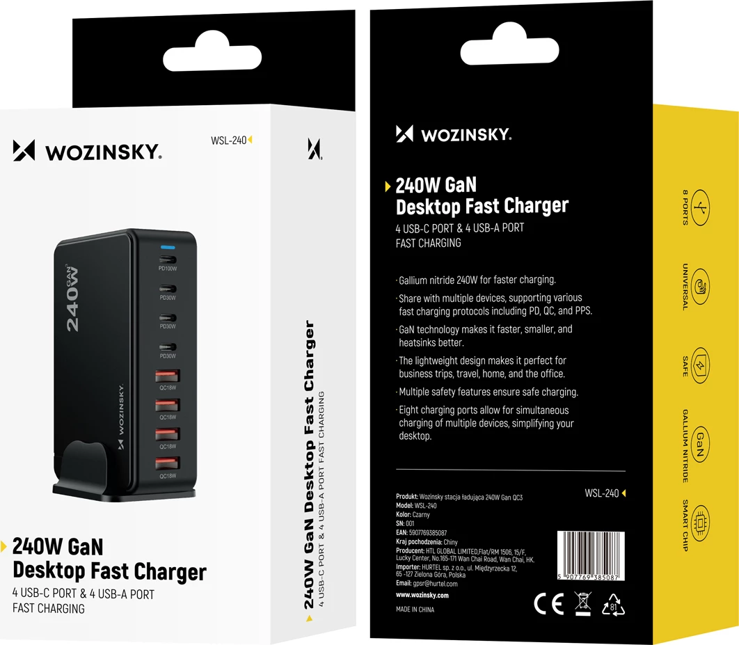 Stacion karikimi Wozinsky WSL-240 240W GaN, USB-C PD 100W + 3x30W, 4xUSB-A QC3, i zi