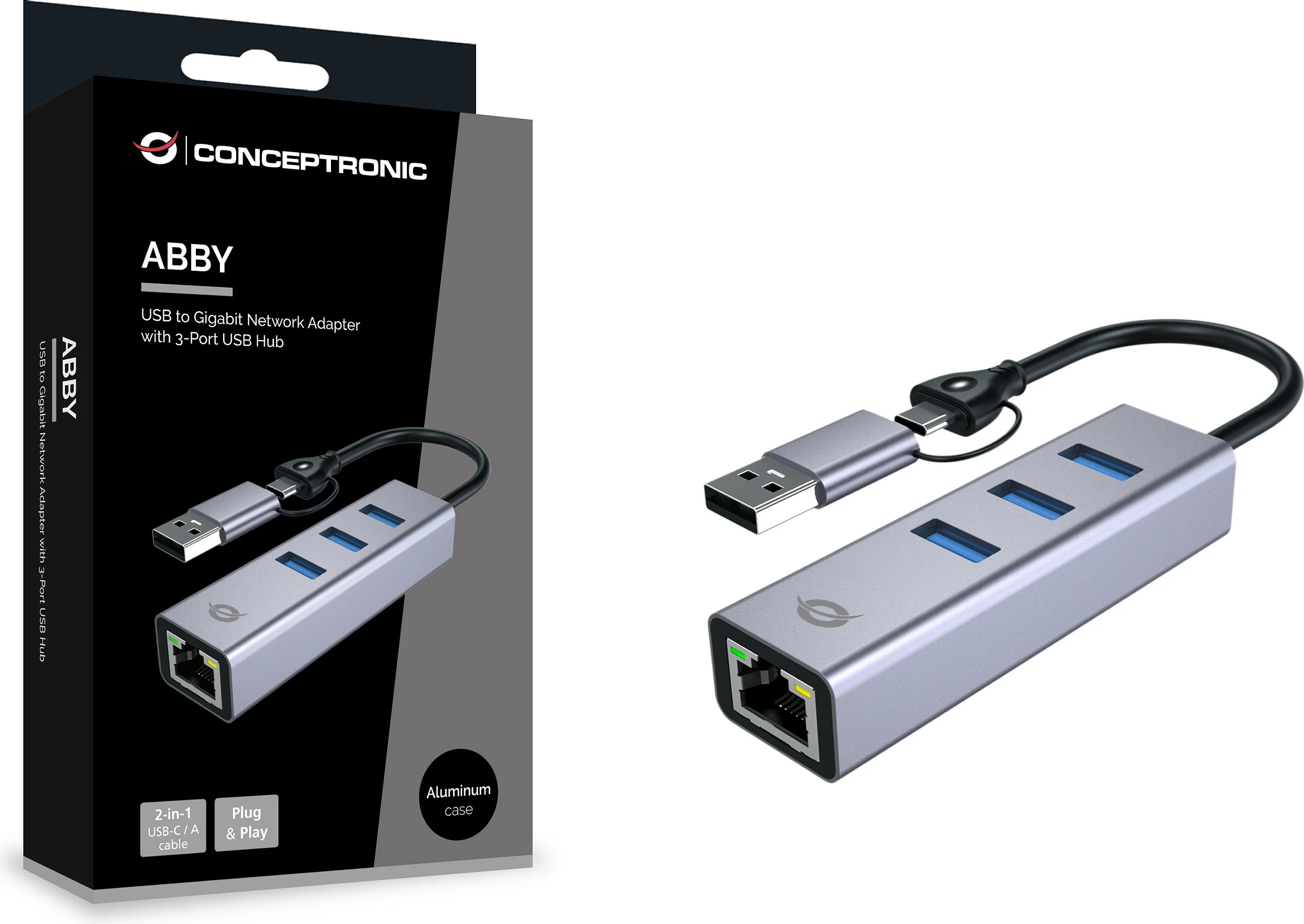Adapter rrjeti Conceptronic ABBY25G, USB-C/USB-A në Gigabit Ethernet, hub 3x USB-A, gri