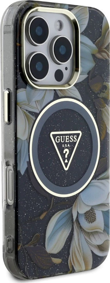 Mbështjellës Guess Glitter Flowers Triangle Buttons MagSafe për iPhone 16 Pro, i zi