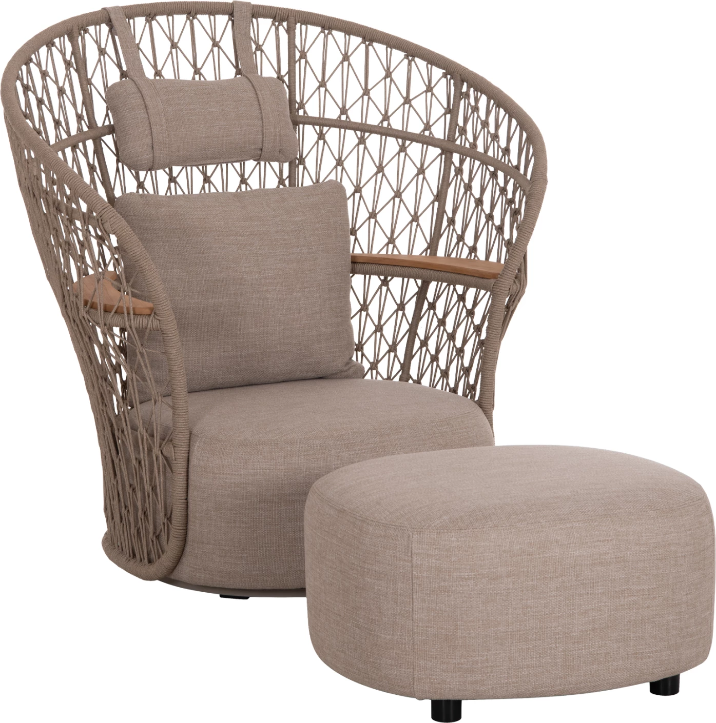 Karrige lounge rrotulluese me këmbështetëse, alumin, litar dhe dru tik, bezhë, TYCOON CD6627.02, 123x108x125cm