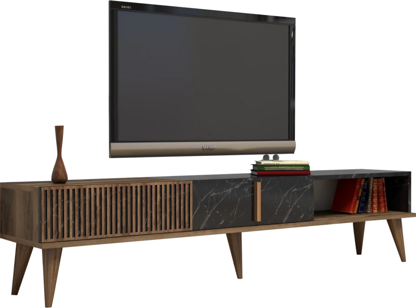 Mbajtës TV, FH9512.02, melaminë, ngjyrë arre dhe mermer i zi, 180x35x40Hcm