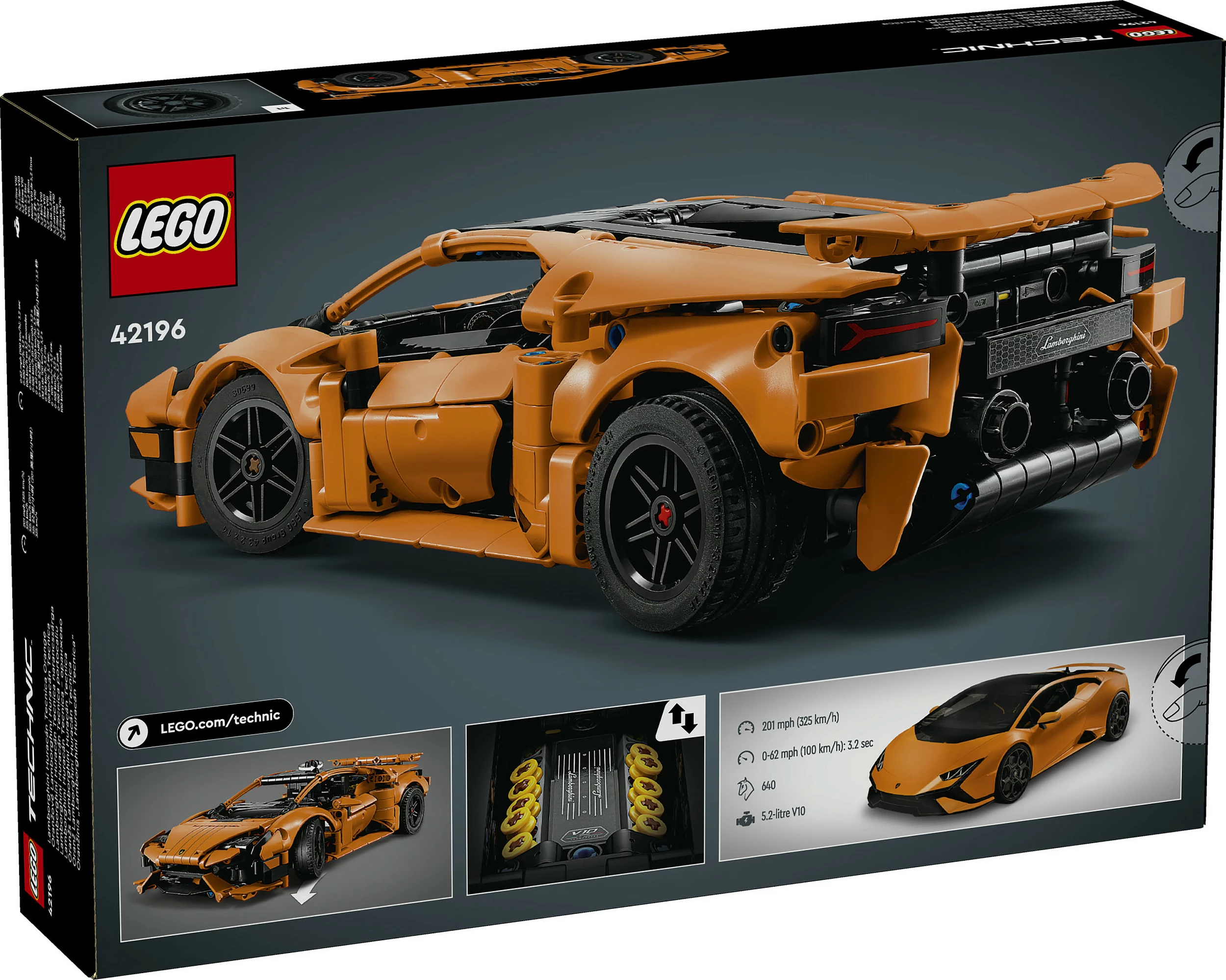 Set LEGO Technic Lamborghini Huracán Tecnica 42196, 806 copa, 9+, portokalli