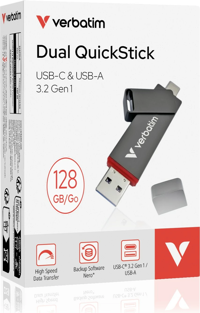 USB flash Verbatim Dual QuickStick 128GB, USB-A/USB-C, 3.2 Gen 1, gri