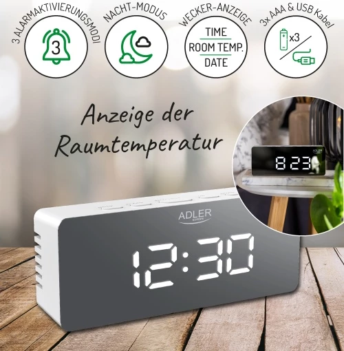 Orë me alarm, Adler AD 1189, ekran LED, shfaqje temperature dhe date, ndriçim i rregullueshëm, USB/3xAAA, e bardhë
