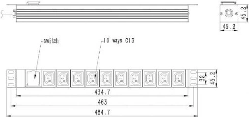 PDU rafti, Gembird, EG-PDU-10C132C19, 10x C13, 1U, 16A, prizë C19, kabllo 2 m, me Switch, e zezë