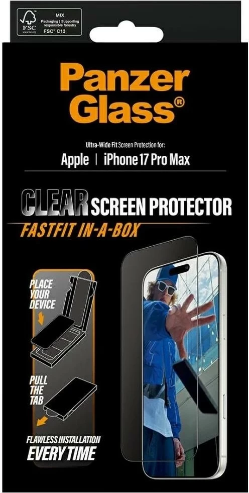 Xham mbrojtës PanzerGlass Ultra-Wide Fit Fastfit për iPhone 17 Pro Max transparent