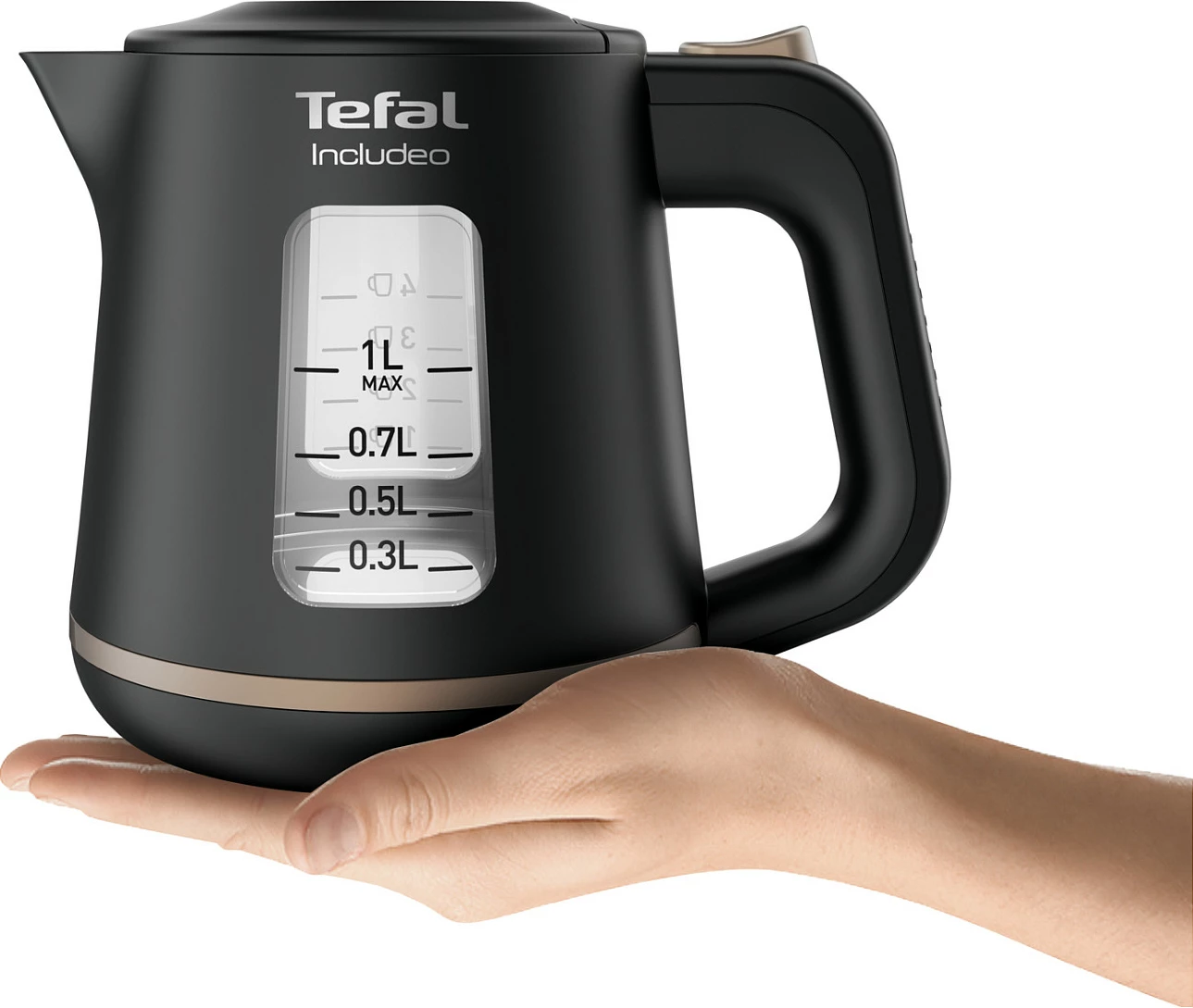Çajnik elektrik Tefal Includeo, 1L, 2400W, filtër anti-gëlqere, i zi