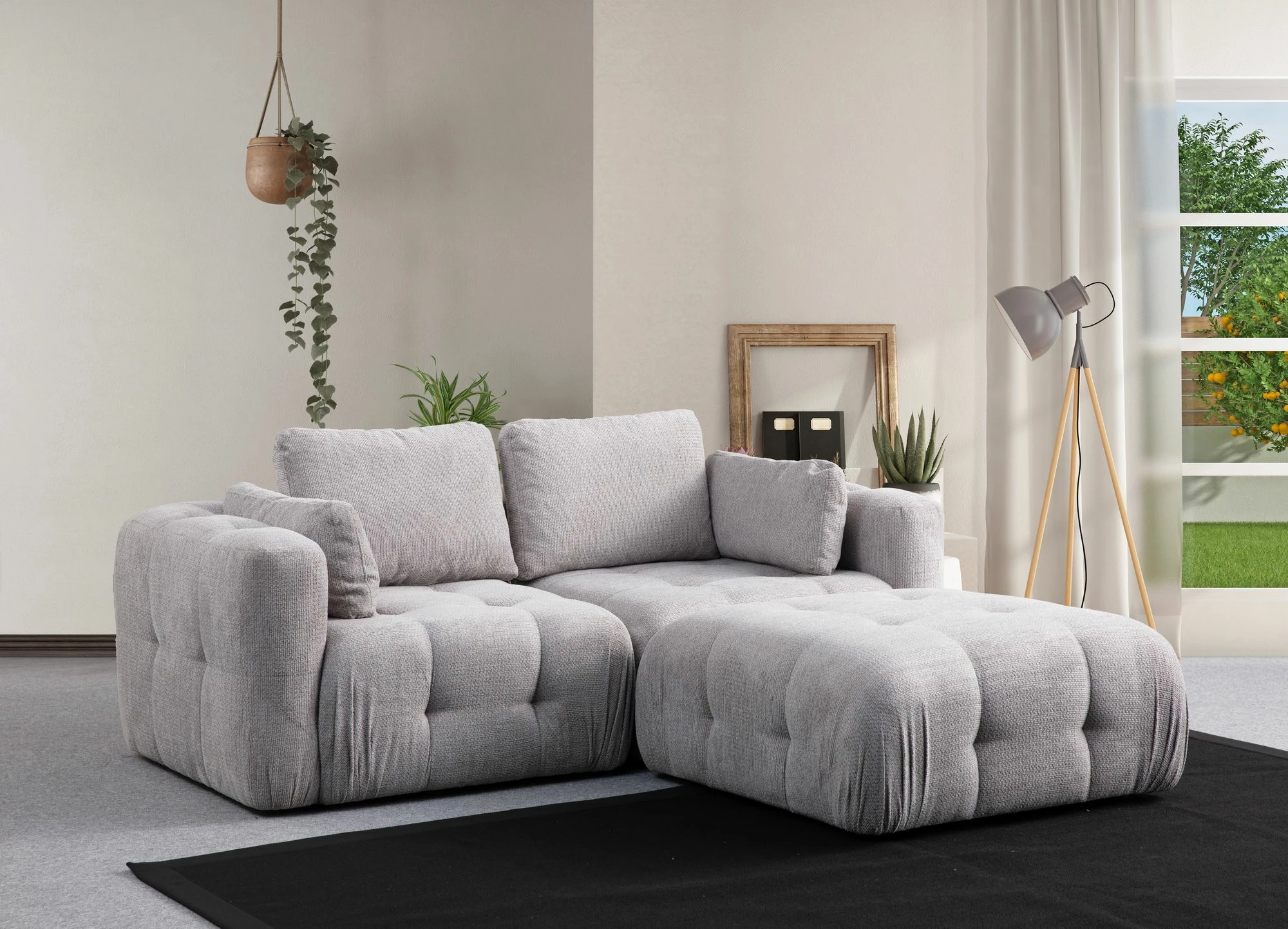 Kënd divan Atelier del Sofa Amaris, 2 vende me pouffe, ngjyrë gri e çelët