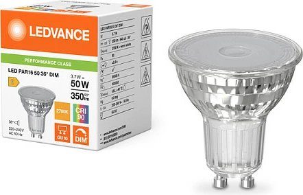 Llambë LED Osram PAR16 GU10, 3.7W (50W ekuiv.), 350 lm, dimmable, 2700K Warm White