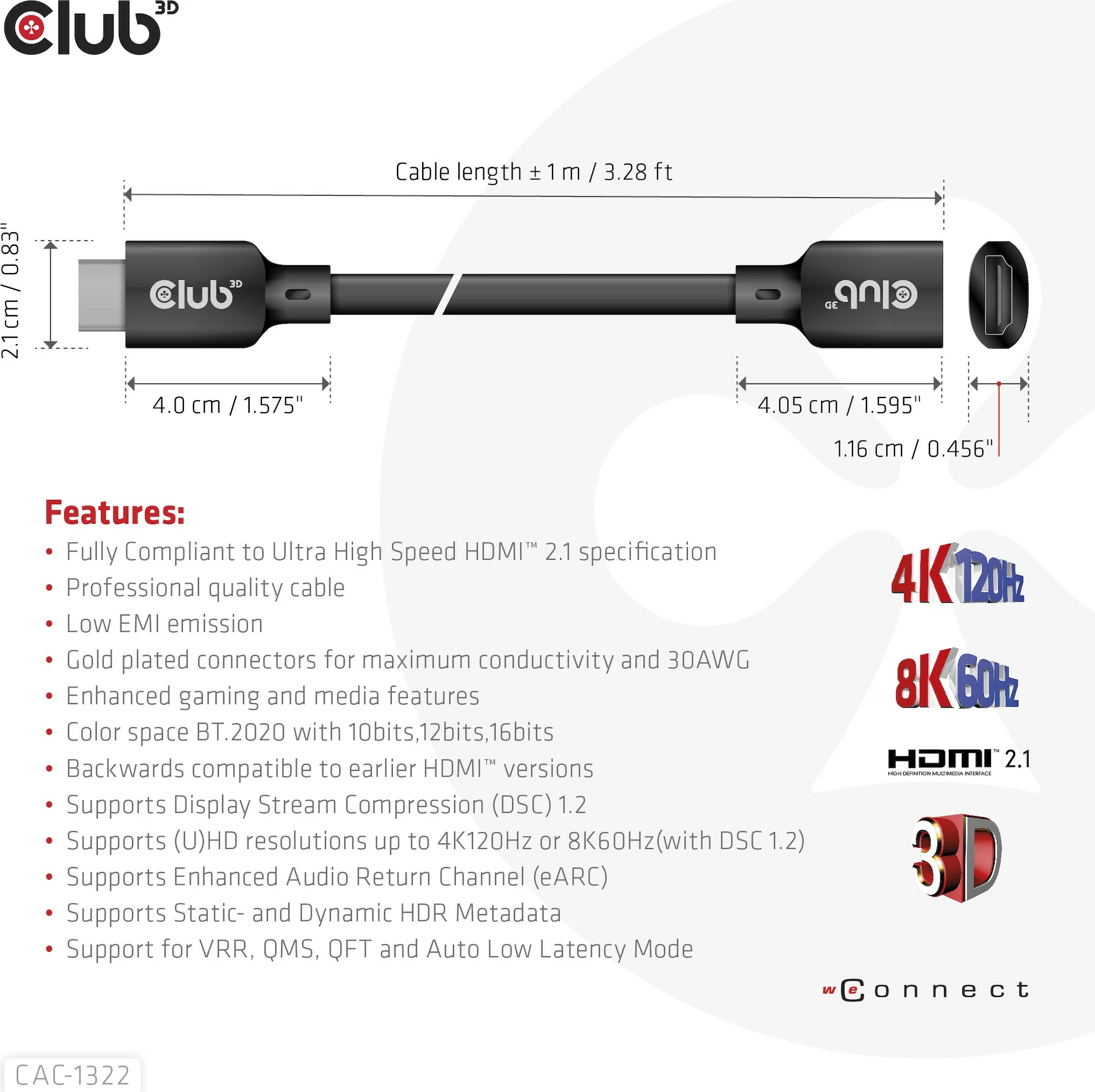 Kabllo HDMI zgjatues Club3D 2.1, 1m, e zezë