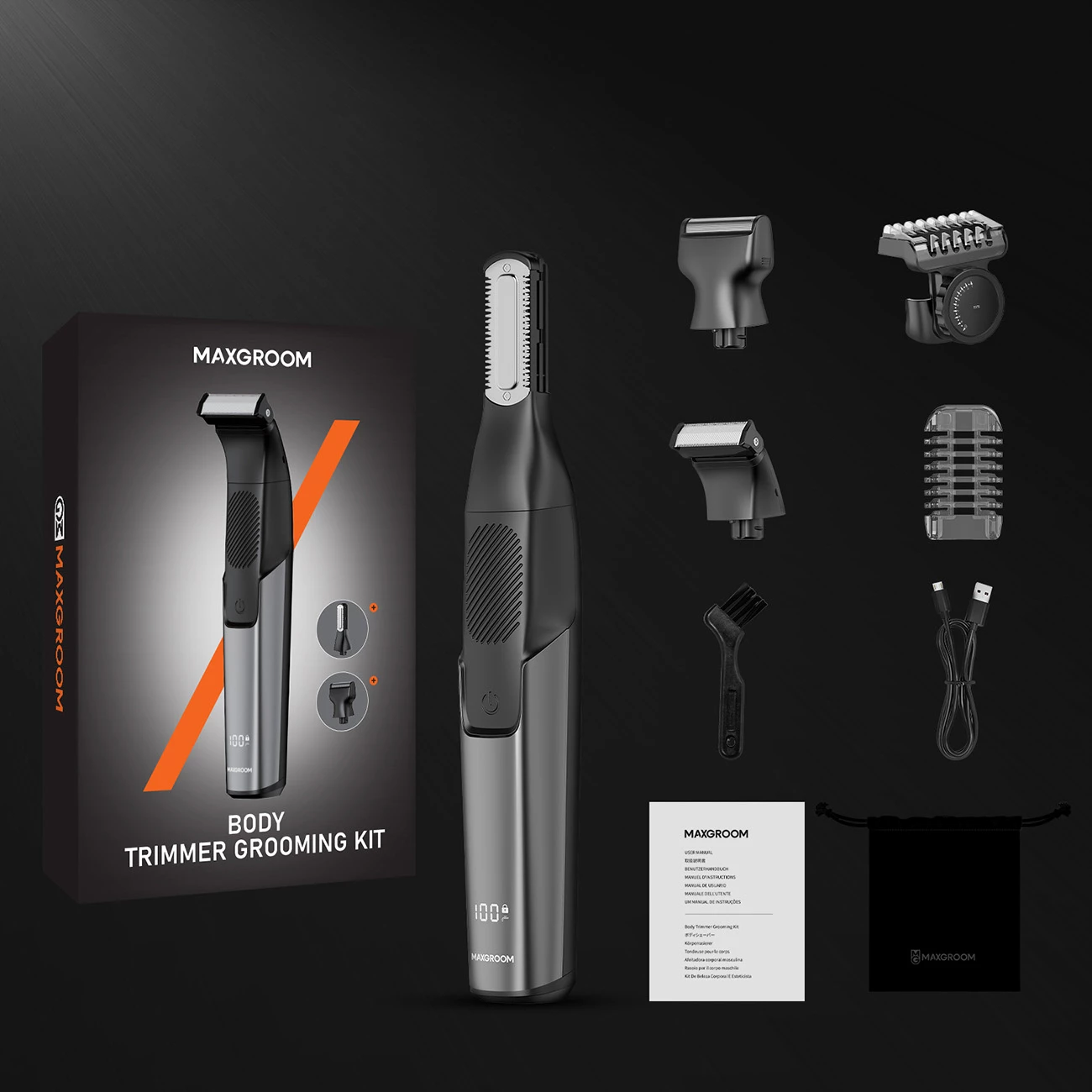 Makinë rroje multifunksionale MAXGROOM M-319, 600mAh, USB-C, IPX6, me display, set me 3 maja + krehra, e zezë