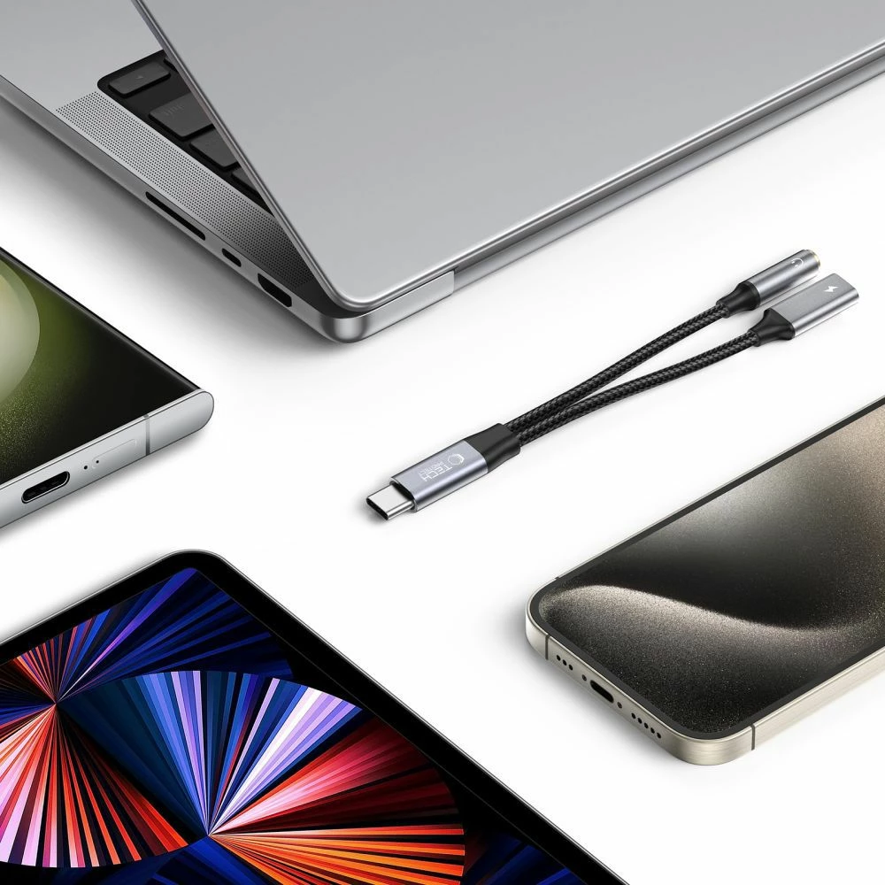 Adapter Tech-Protect UltraBoost, USB-C (mashkull), USB-C (femër), mini jack 3.5mm (femër), i zi