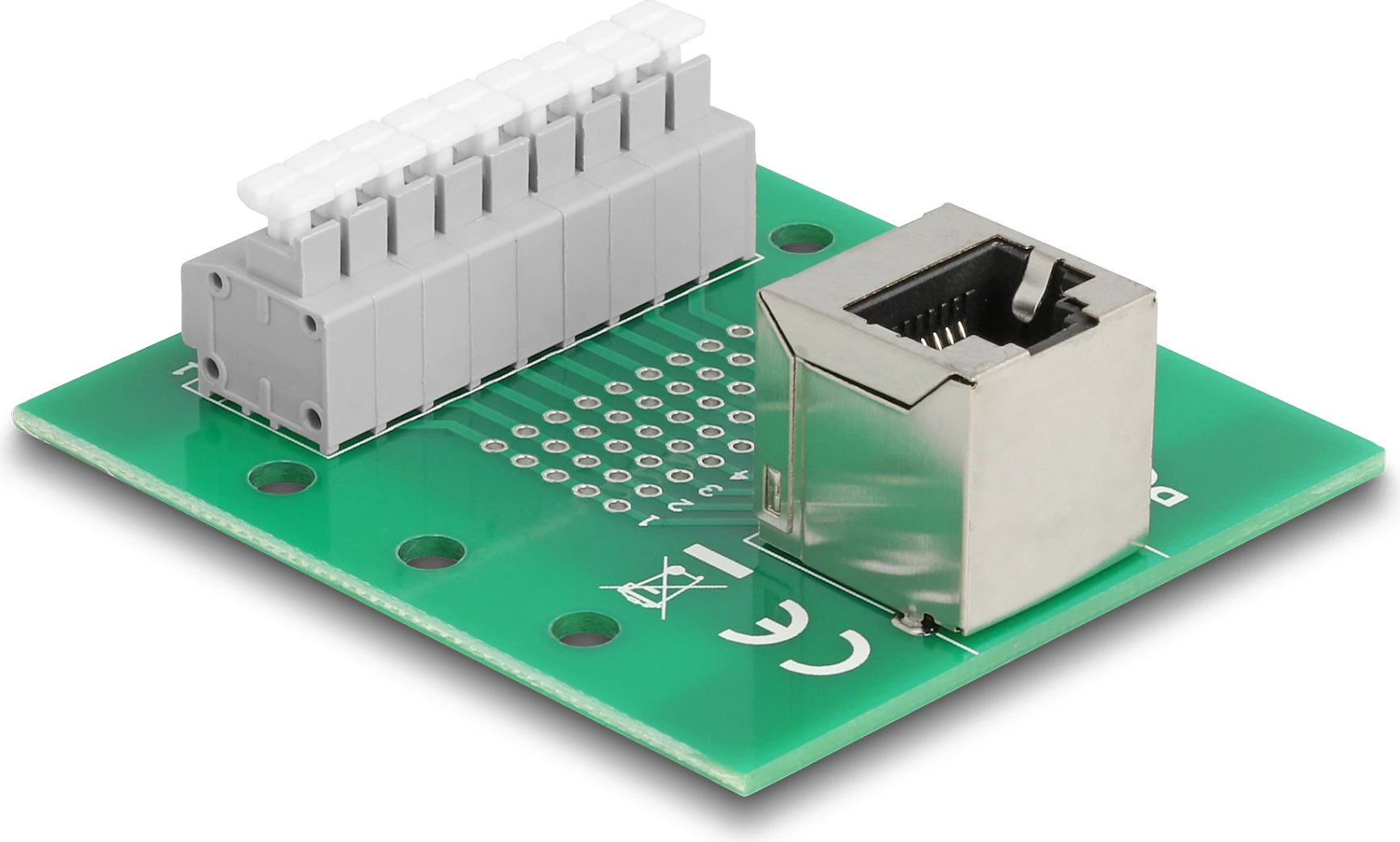 Adapter DeLOCK RJ45 femër në terminal block, kënd 90°, montim në shinë DIN, 24-12 AWG, gjelbër/gri