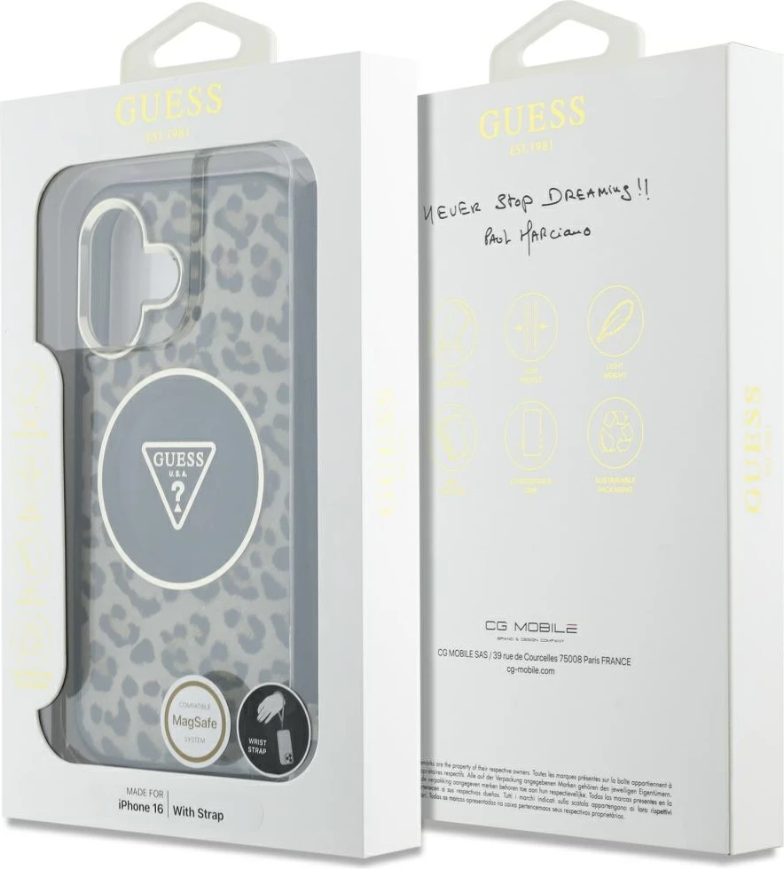 Mbështjellës Guess HC IML Leopard Triangle Cord Strap për iPhone 16, MagSafe, Kafe