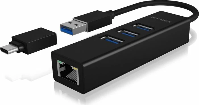 Hub USB + kartelë rrjeti LAN ICYBOX IB-HUB1419-LAN, 3x USB-A 3.0, Gigabit RJ-45, USB-A/USB-C, e zezë