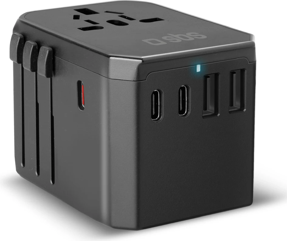 Adapter udhëtimi GaN 70W, SBS, 5 porta USB-A/USB-C, PD, prizë globale EU/UK/US/AU, me pouch, e zezë