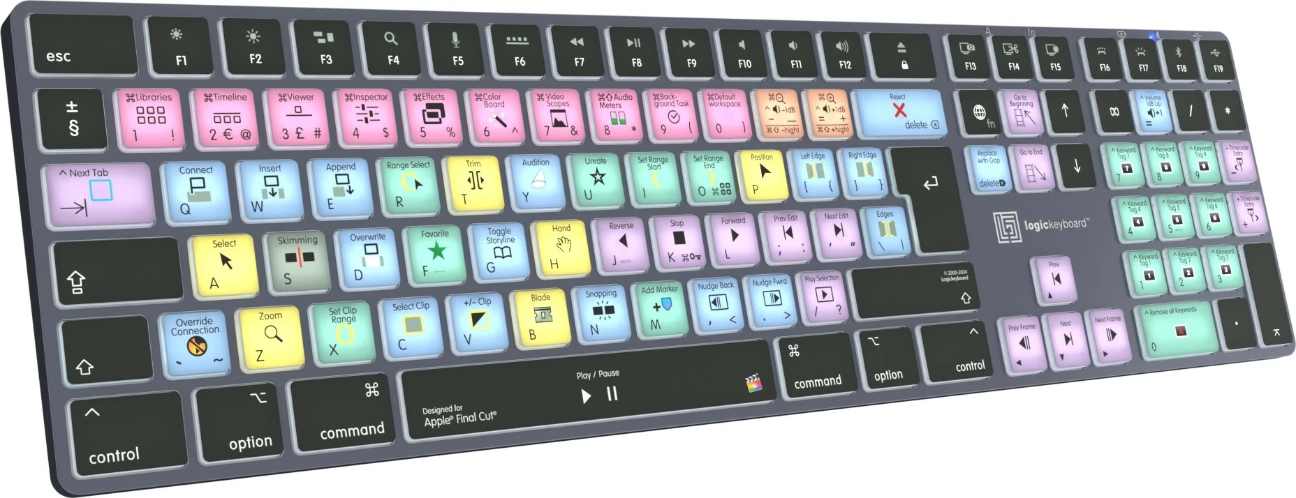 Kasë Logickeyboard LKB-FCPX10-TM-UK, wireless, Bluetooth, full-size, backlight, Final Cut Pro, titanium
