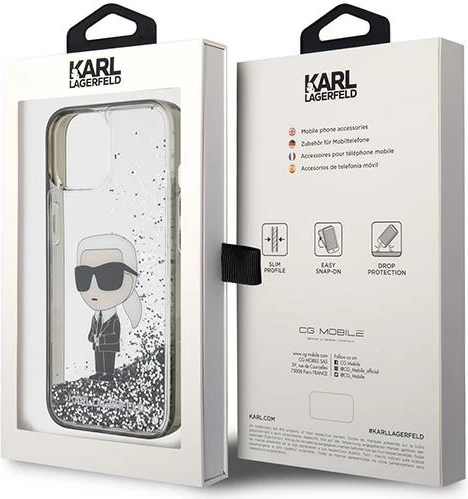 Mbështjellës Karl Lagerfeld KLHCP15SLKKNSK për iPhone 15 6.1", transparent, Liquid Glitter Ikonik