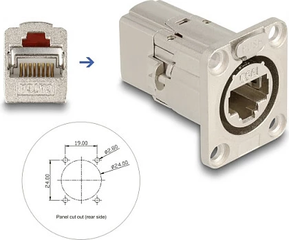 Kupler RJ45 DeLOCK D-Type Cat.6A STP metal, panel-mount, argjendtë