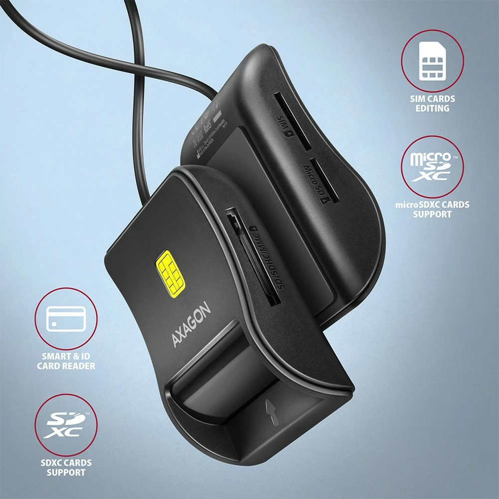 Lexues kartelash AXAGON CRE-SM3SD, USB 2.0, për Smart Card/SD/microSD/SIM, i zi