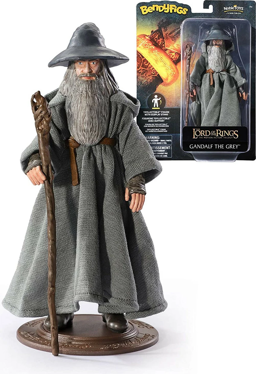 Figurë fleksibile Noble Collection Bendyfigs Lord of the Rings Gandalf the Grey, 18 cm, me mantel pëlhure, me shkop, me bazë ekspozimi