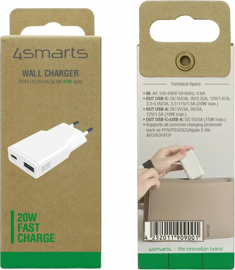 Karikues 4smarts 541122, 20W, GaN, USB-C & USB-A, i bardhë