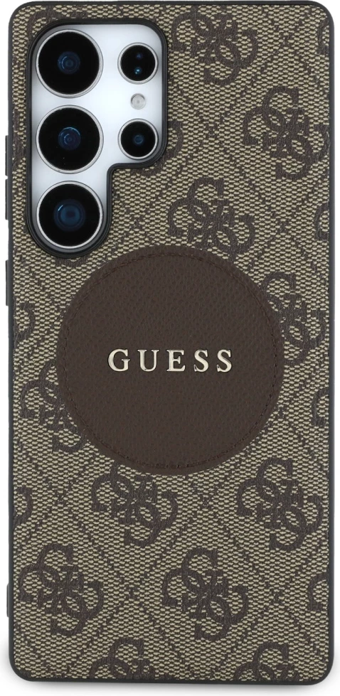 Mbështjellës Guess 4G Round Patch Classic Logo MagSafe për Samsung Galaxy S25 Ultra, Kafe