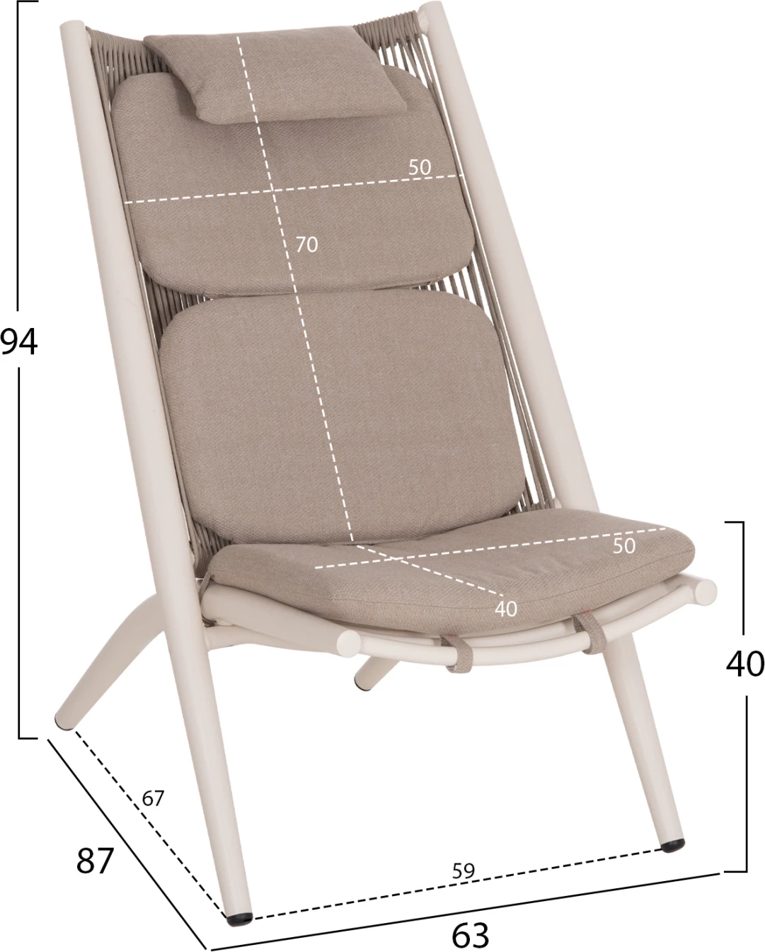Karrige relaksi për oborr REMUS FH6642.02, alumin i bardhë, litar OLEFIN bezhë, 63x87x94cm