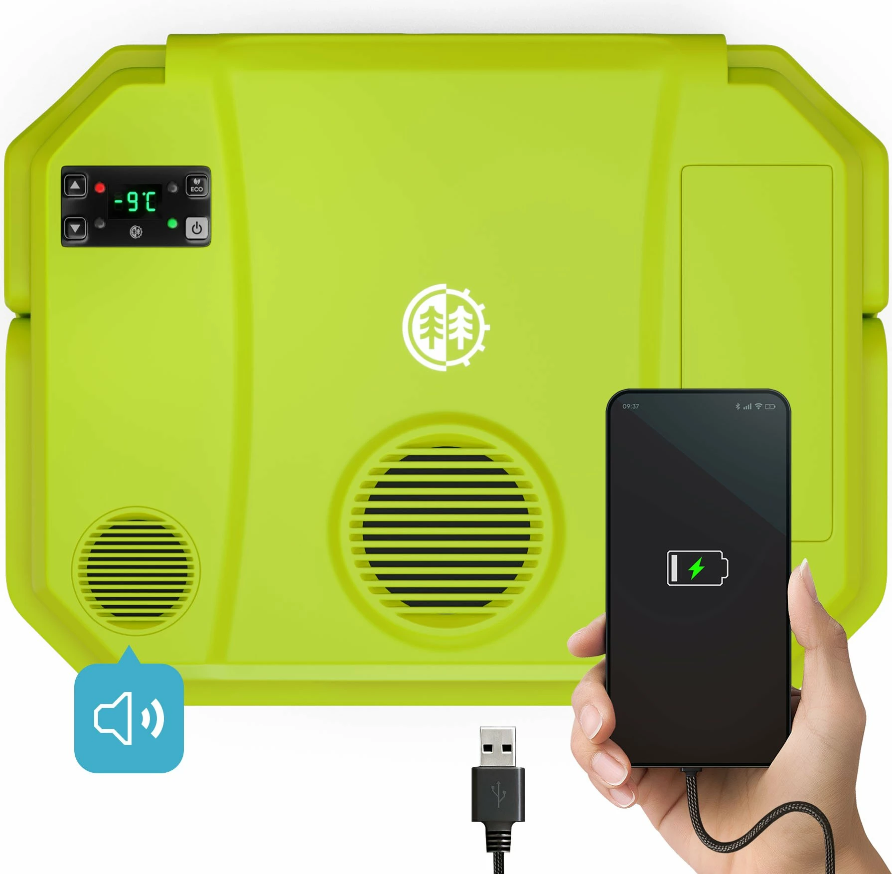Frigorifer portativ Peme Trip 31.5 L, me ftohje/ngrohje, Bluetooth altoparlant, USB, AC/DC, i gjelbër