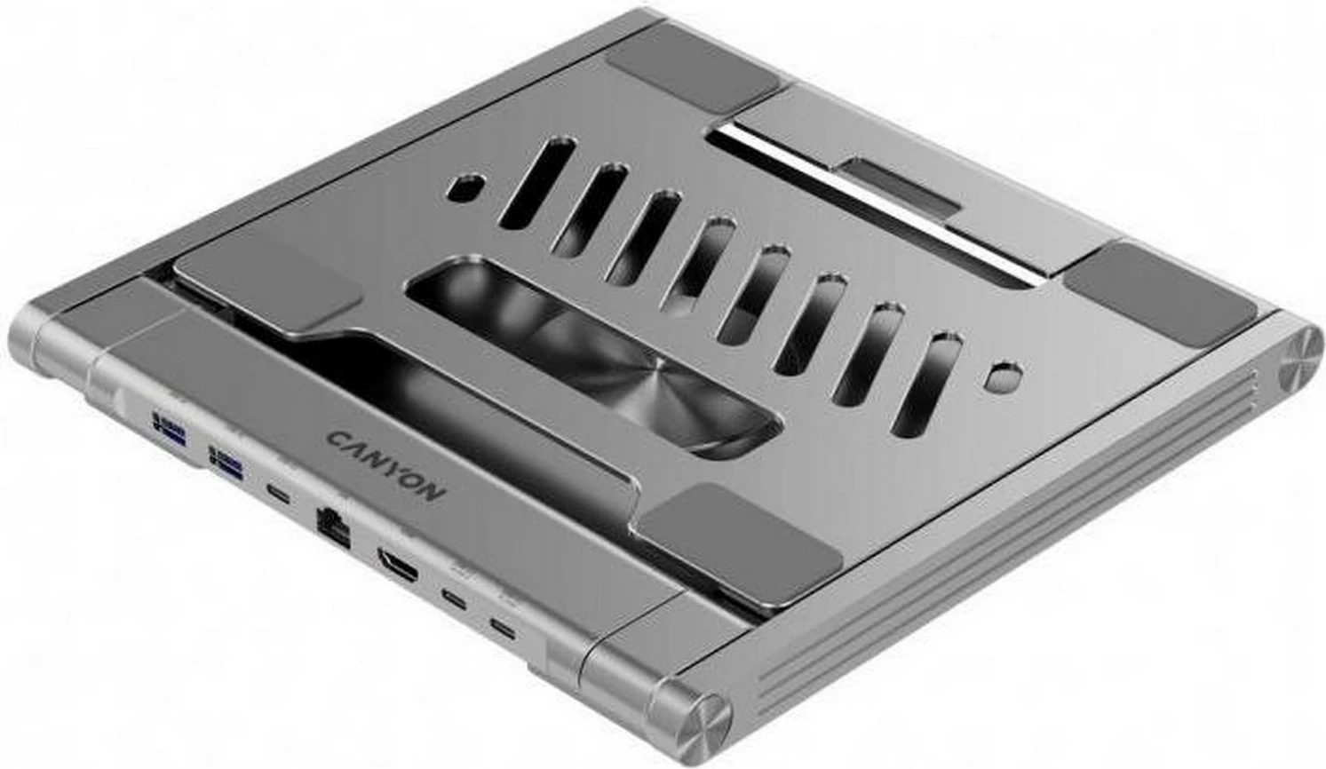 Kasë laptopi Canyon me hub HDMI, 2xUSB, RJ45, rregullim lartësie, argjendtë