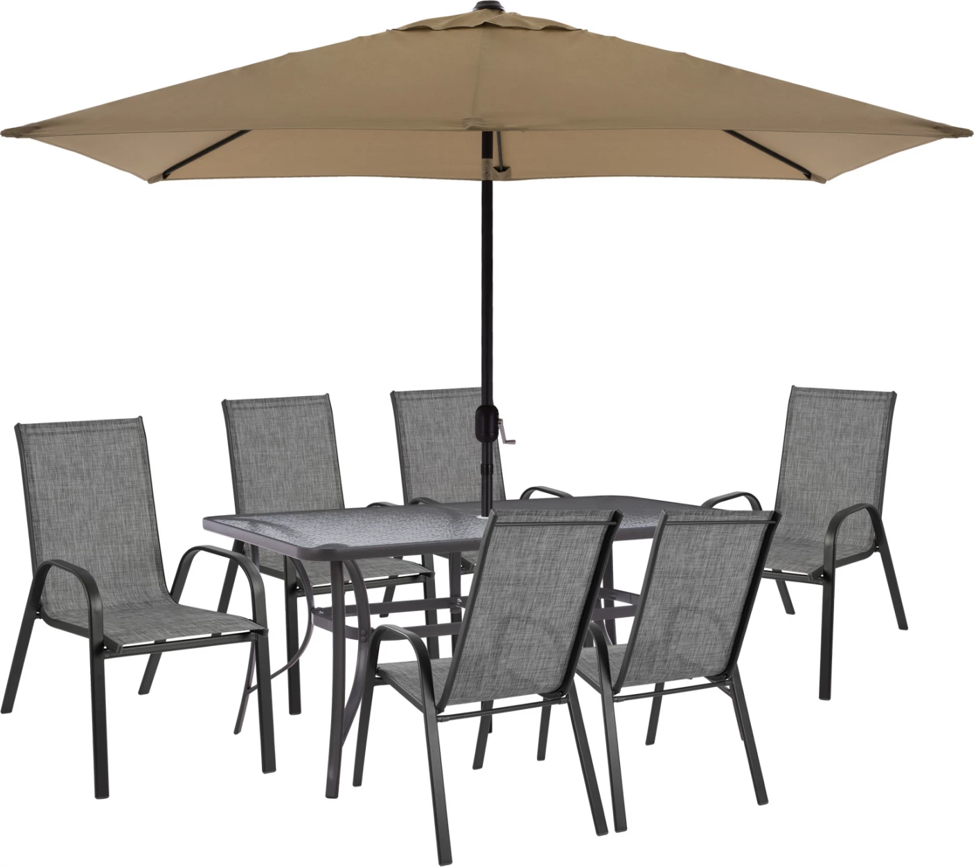 Set terase 8 cope tavoline me karrige gri dhe ombrellë gri mocha