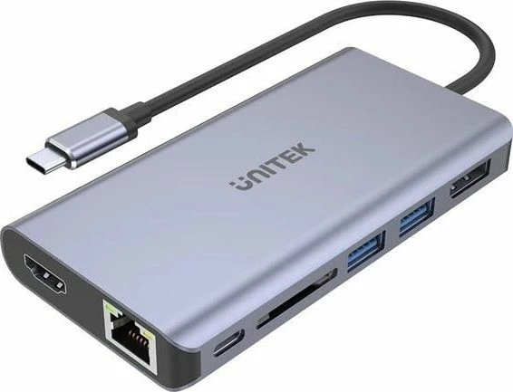 Stacion dokimi USB-C Unitek S7 D1056A, 4K HDMI/DP, PD 100W, LAN Gigabit, lexues SD, 2x USB 3.0, gri