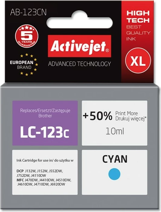 Ngjyrë zëvendësuese Activejet AB-123CN për printer Brother, 10ml, e kaltër