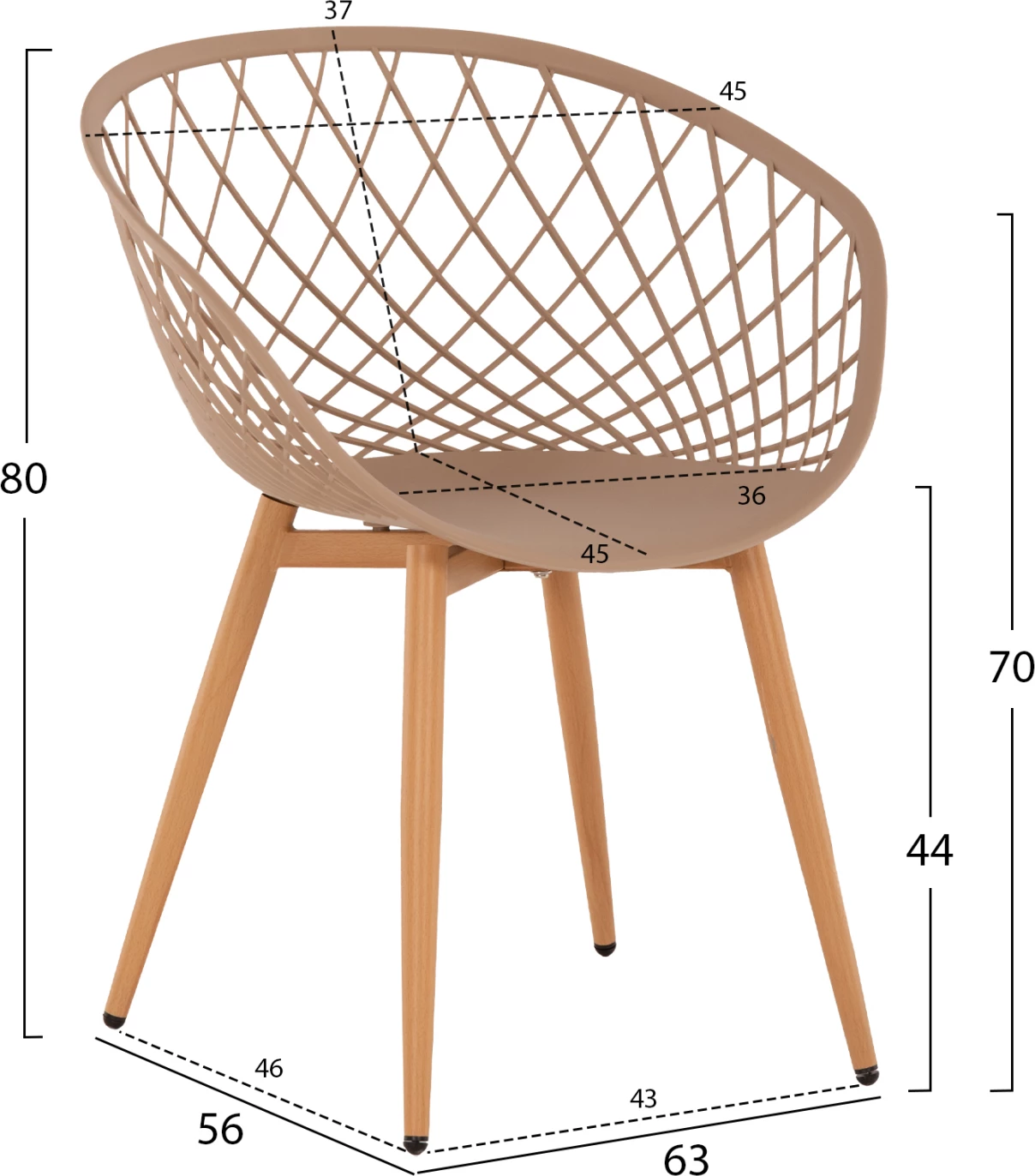 Karrige me krahë ARIADNE FH8001.13, ngjyrë kapuçino, këmbë metali, ngjyrë druri natyral, 63x56x80H cm, set prej 4 copash