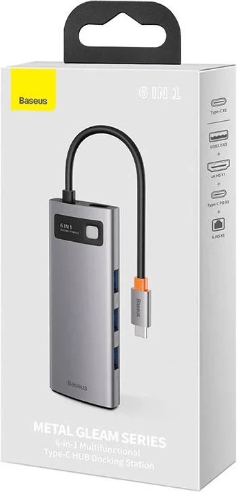Kasë Baseus Metal Gleam Series CAHUB-CW0G, 6-në-1, USB-C në 3x USB 3.0 + HDMI + USB-C PD + Ethernet RJ45, Gri