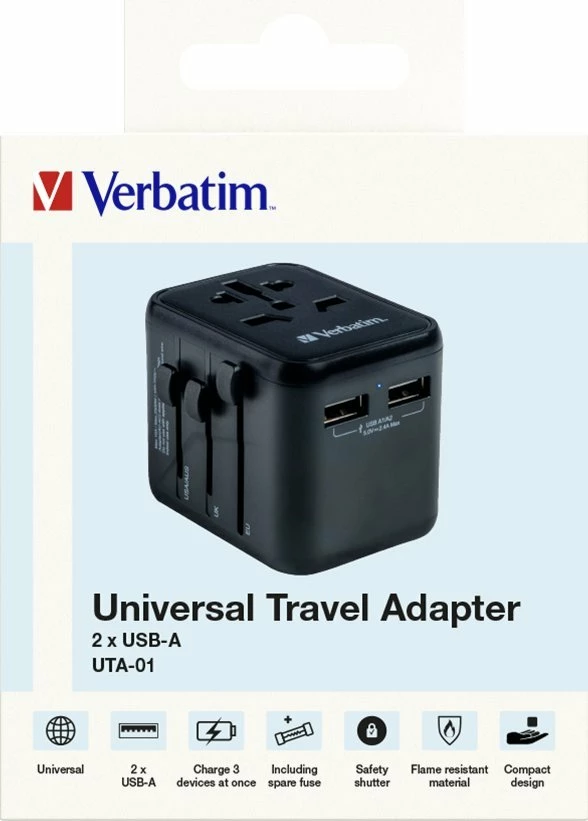 Adapter udhëtimi universal Verbatim UTA-01, 2x USB-A, 100-250V, 180+ shtete, i zi