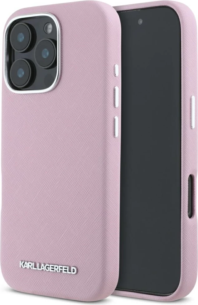 Mbështjellës Karl Lagerfeld Saffiano Full Wrapped Elongated Metal Logo MagSafe për iPhone 16 Pro, Rozë