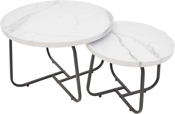 Set tavolinash kafeje Crismory, MDF, ngjyrë mermeri të bardhë dhe këmbë metali të zeza