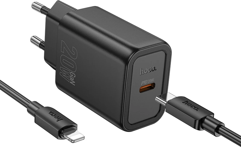 Karikues USB-C HOCO N60 GaN PD 20W me kabllo USB-C në Lightning 1m, i zi, set