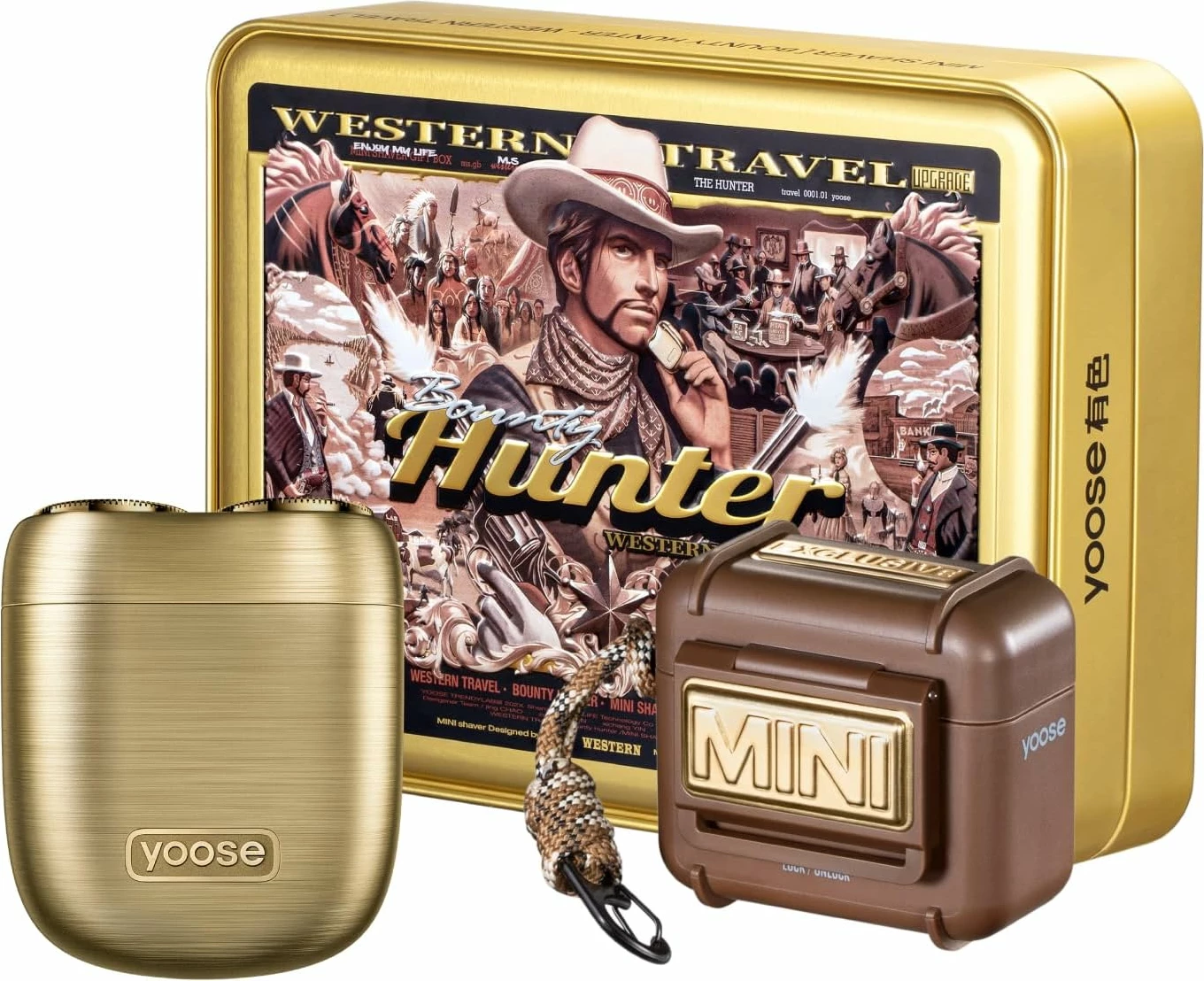 Makinë rroje Yoose Mini 2.0, udhëtimi, 8000 rpm, IPX7, karikim USB-C, e artë, set me paketim dhurate "Bounty Hunter"