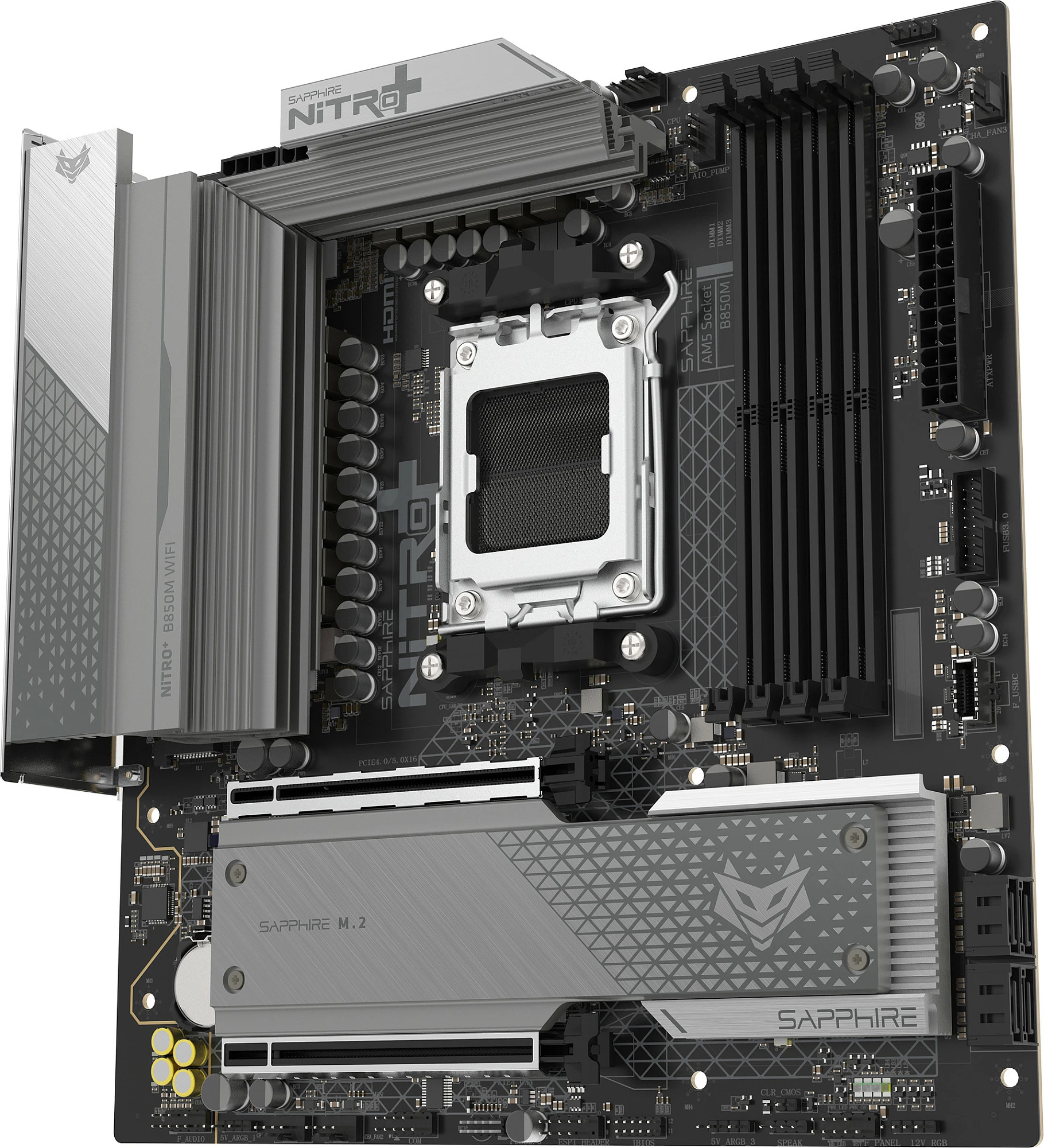 Pllakë amë Sapphire NITRO+ B850M WiFi, Socket AM5, micro ATX, e zezë/argjendtë