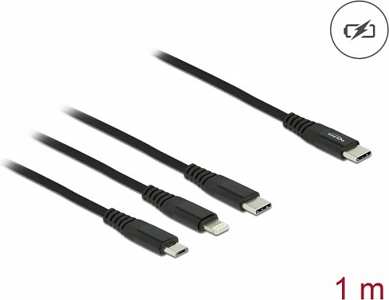 Kablë karikimi DeLOCK 3-në-1 USB-C në Lightning/Micro-USB/USB-C, 1m, e zezë