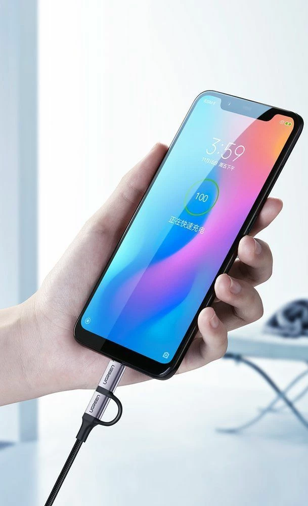 Kabllo USB Ugreen 30875 1 m, USB-A në microUSB + USB-C, 2.4A, e zezë
