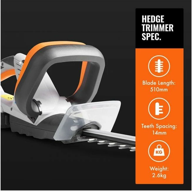 Trimer me bateri për gardh VONHAUS G-Series MPN 2515067 20V MAX 1.5Ah, teh 51 cm, prerje deri 15 mm, gri/portokalli, set me bateri+karikues+mbrojtës tehu