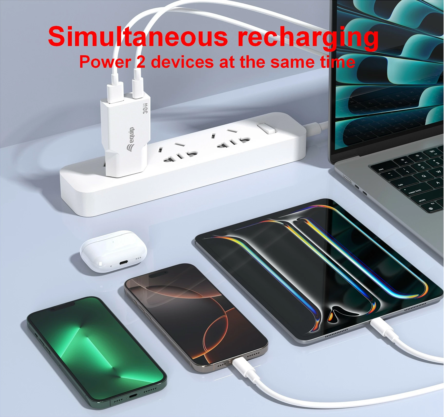 Karikues muri EQUIP 2-Port USB-C PD 3.0 + USB-A, GaN, 30W, i bardhë