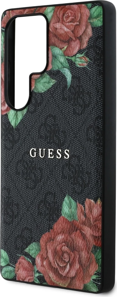 Mbështjellës Guess Leather 4G Flowers Print Metal Classic Logo MagSafe për Samsung Galaxy S25 Ultra, Zi