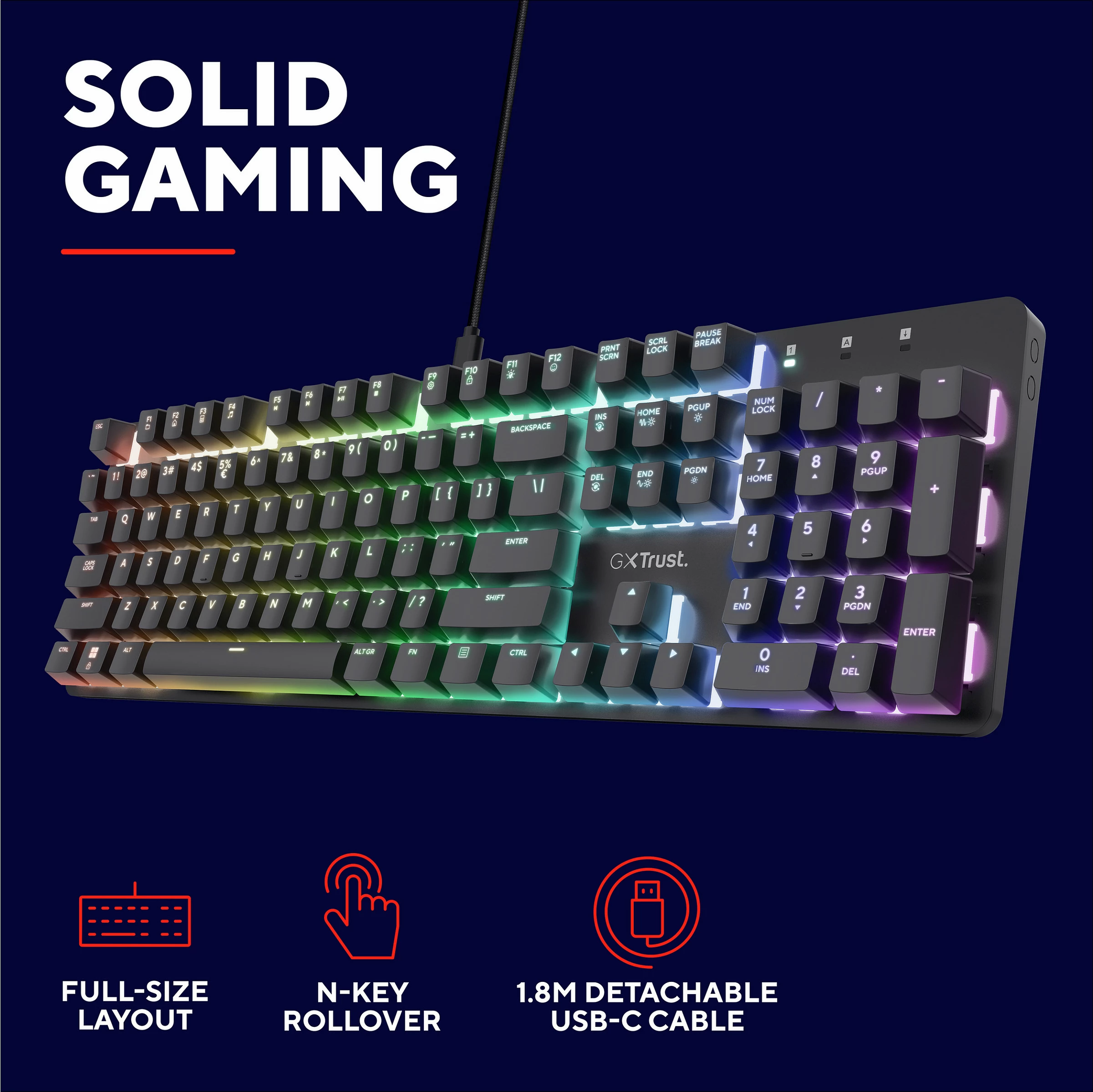 Tastierë mekanike Trust GXT 871 Zora, full-size 100%, USB, RGB, layout gjerman, e zezë